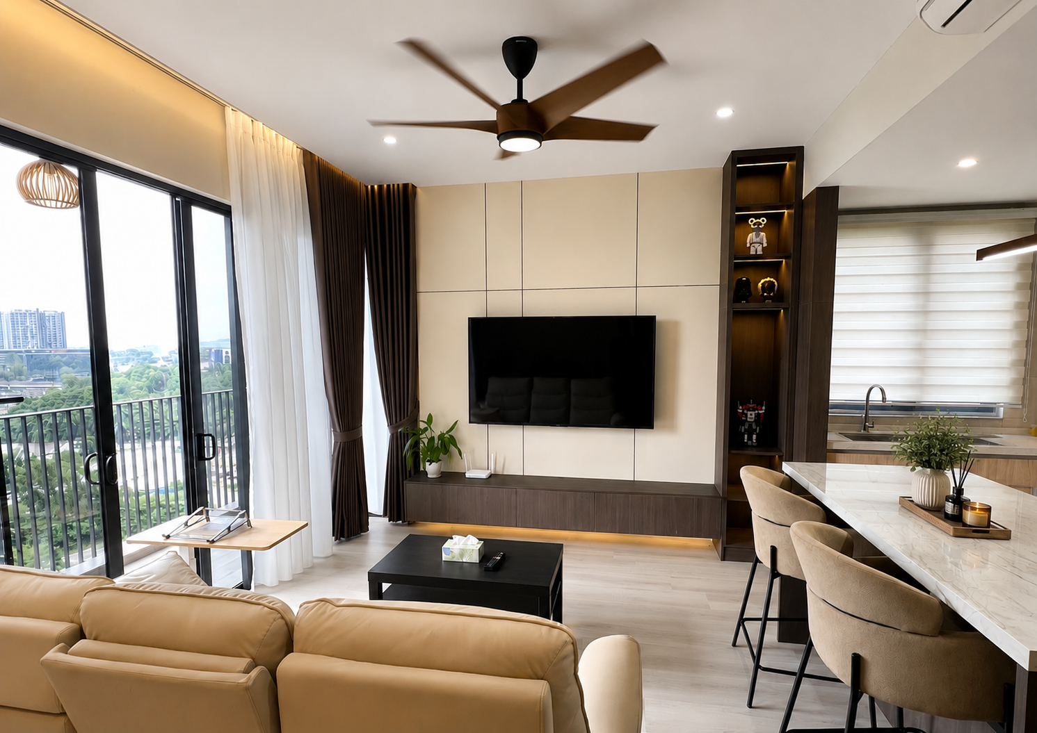 Living area TV cabinet and kitchen view